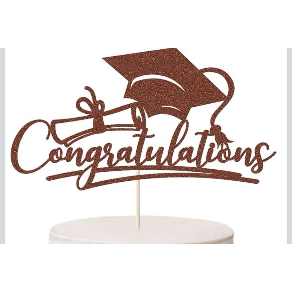 C0022-Rose Gold Glitter Graduation Cake Topper Congratulations Grad Cap Diploma